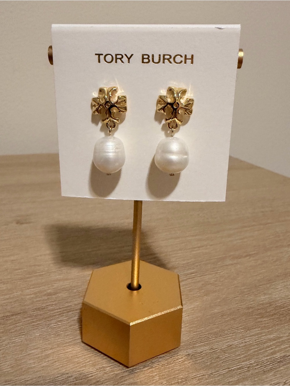 Tory Burch Double T Logo Faux Pearl Drop Earrings Gold Tone New